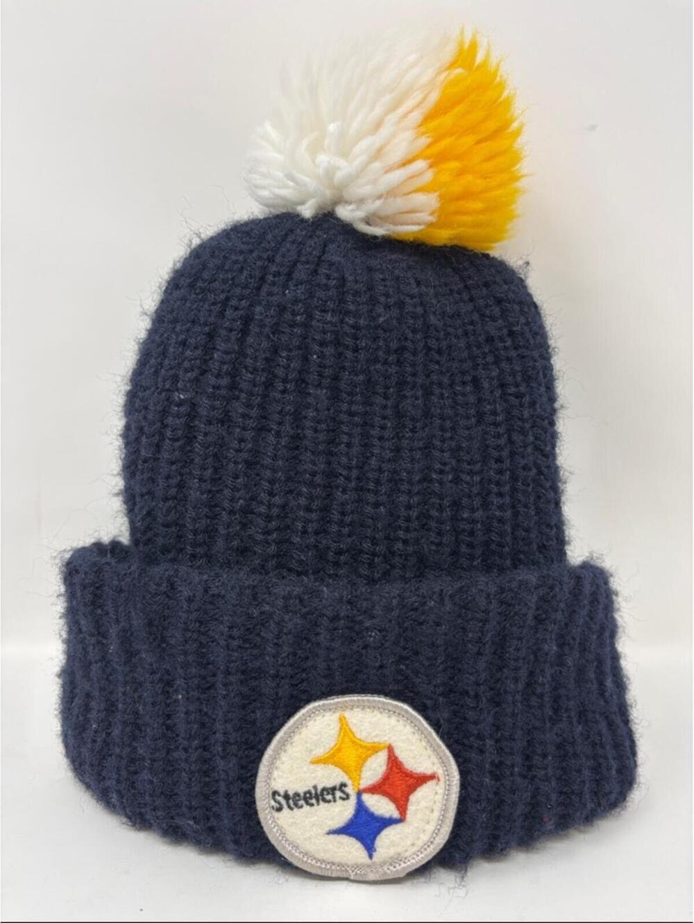 Vintage 1980s Pittsburgh Steelers Beanie Hat with Yellow & White Pom